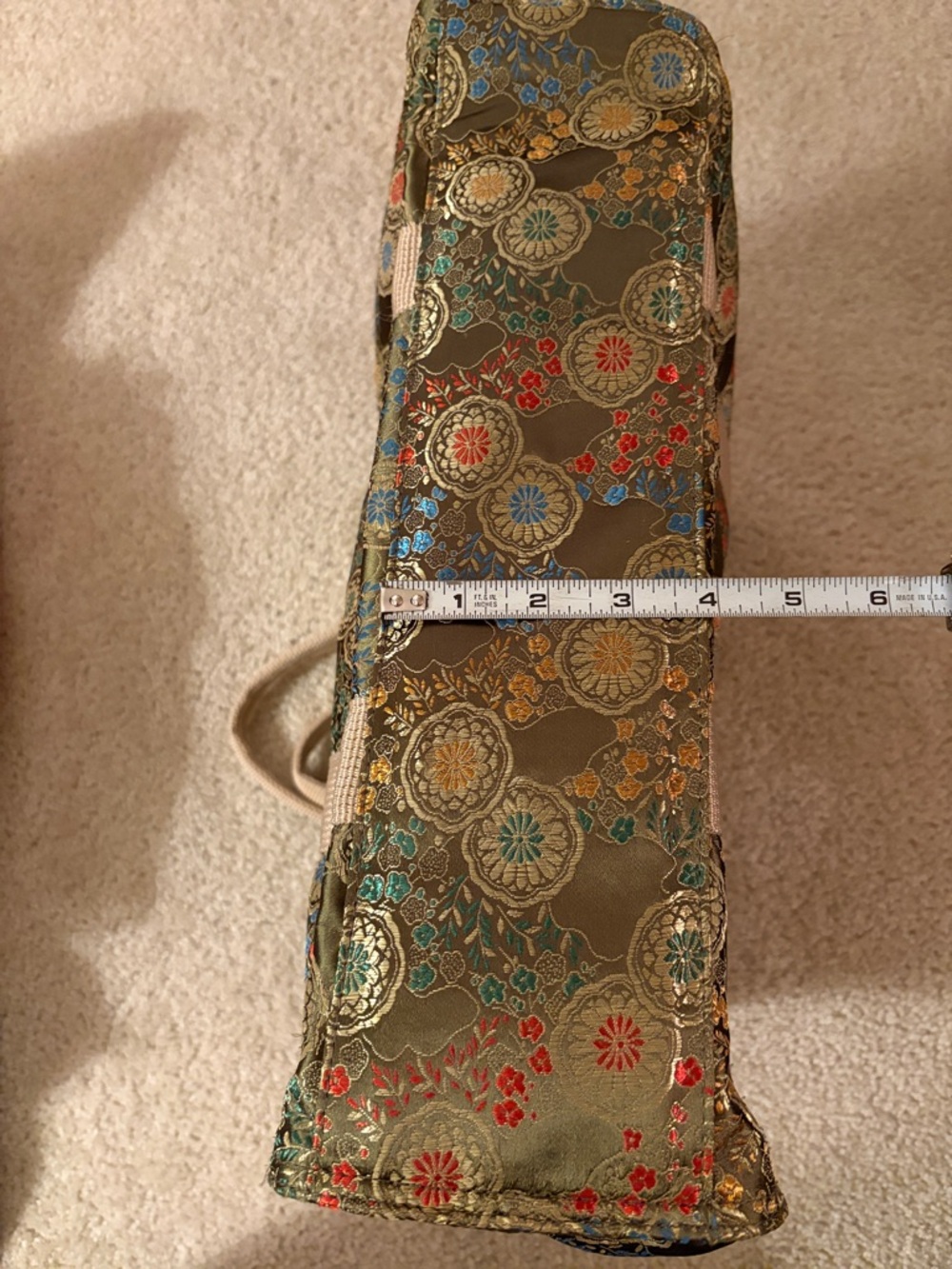 Oriental Olive Green Vibrant Floral Jacquard Satin Tote Bag with Beige Straps - Picture 12 of 16